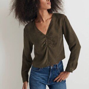 Madewell Womens Ruched Front Cupro Top Green Long Sleeve Size 4 Earthy Boho